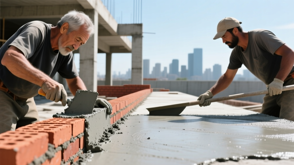 Mason troweling smooth gray mortar between red clay bricks beside a concrete finisher smoothing a coarse aggregate slab
