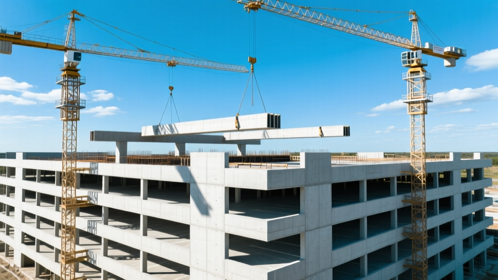 Aerial view of a modern multi-level precast concrete parking structure under construction with tower cranes lifting double-tee beams against a clear sky