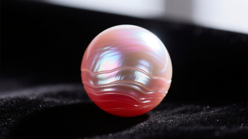 Extreme close-up of a high-luster saltwater pearl showing thick nacre layers and a subtle rose overtone against dark velvet