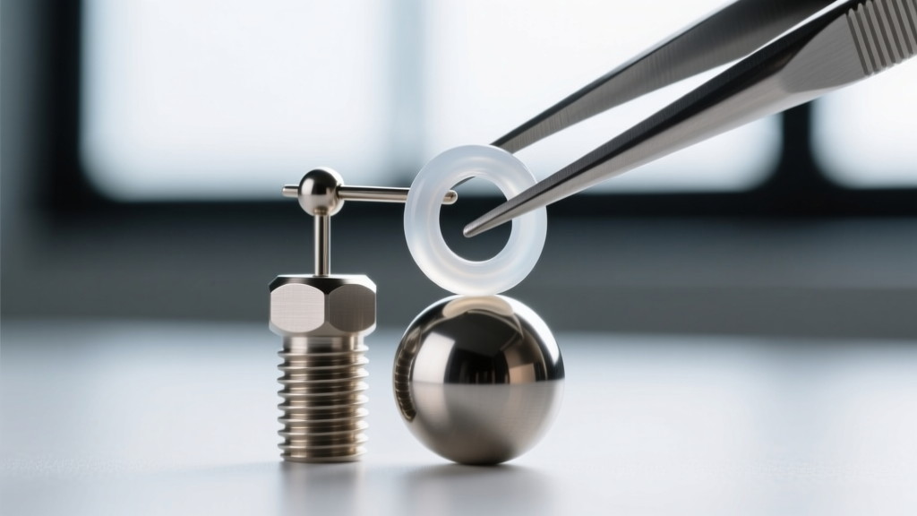 Tweezers placing a silicone O-ring onto the grooved notch of a titanium earring post to secure a heavy metal back sphere