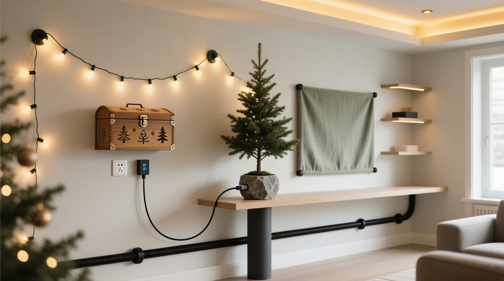 how to hide cords and power sources for a clean indoor christmas display