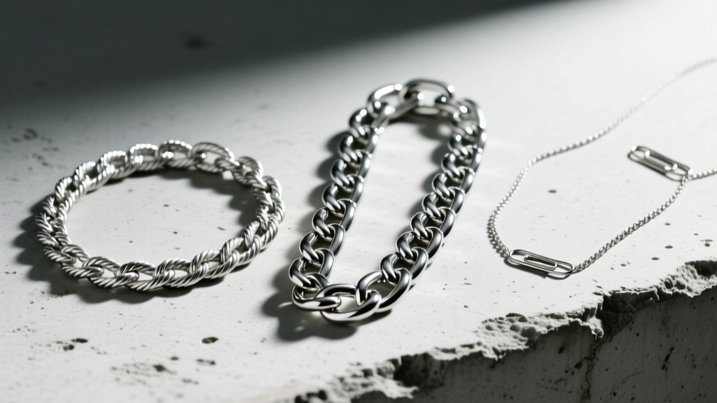 Three distinct silver chains laid flat on concrete: a 5mm rope chain, an 8mm cuban link, and a delicate 3mm paperclip chain