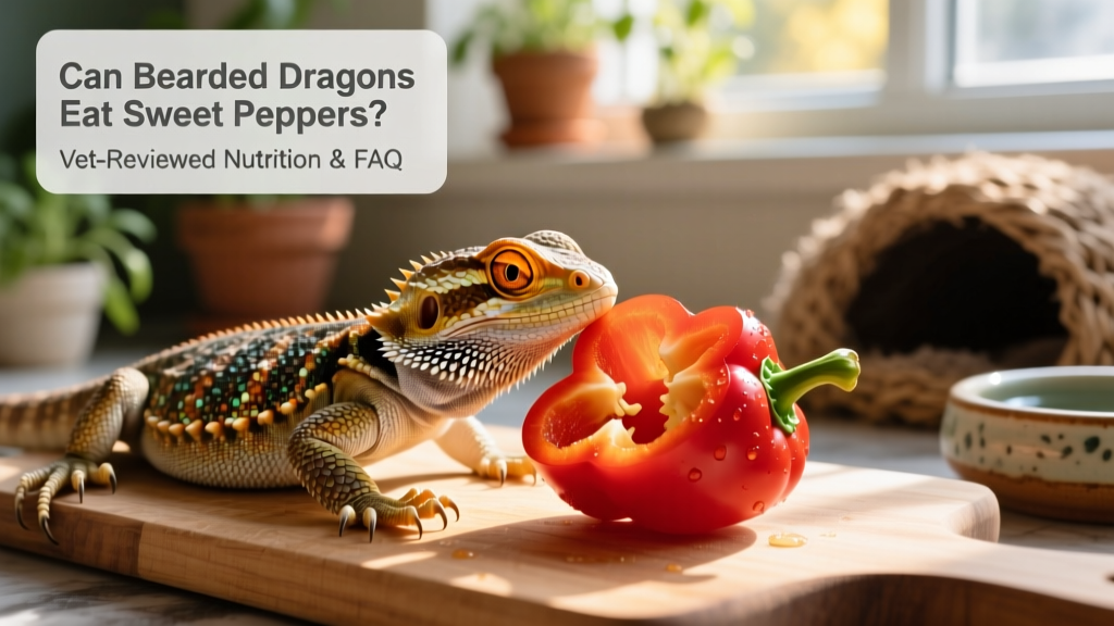A bearded dragon gently nibbling a bright red bell pepper slice