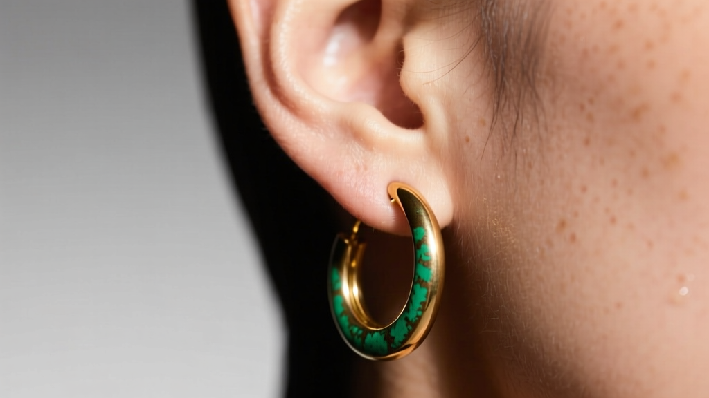 Close-up of an earlobe wearing a brass hoop earring, showing a green oxidation stain on the skin under bright studio lighting.