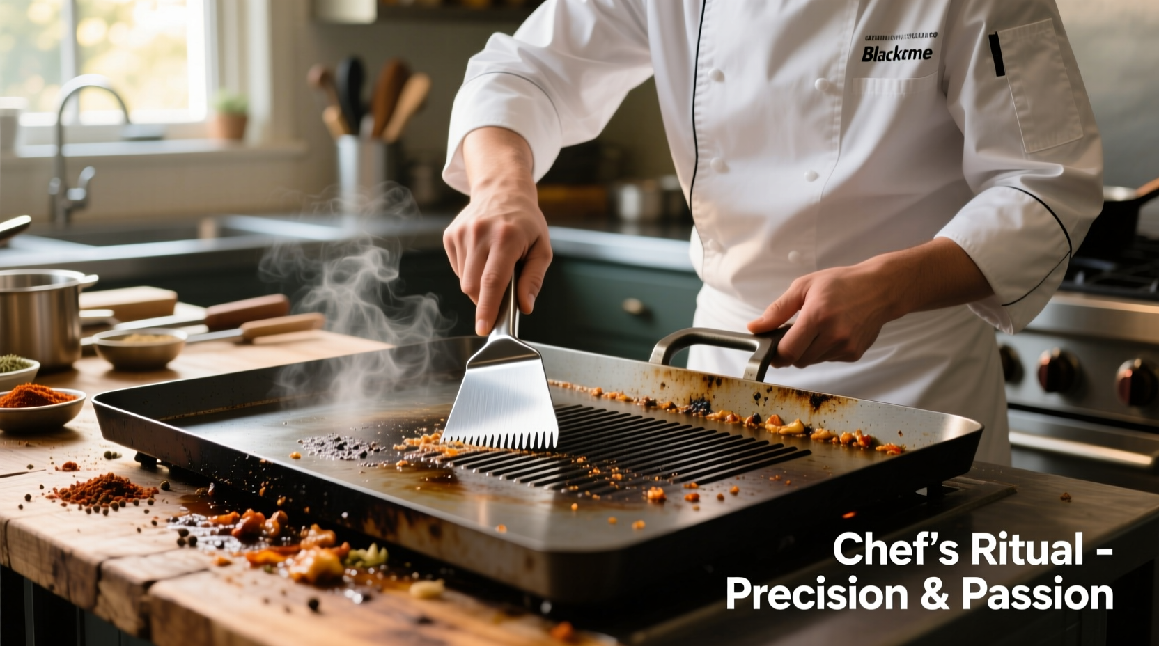 Professional chef cleaning Blackstone griddle with scraper