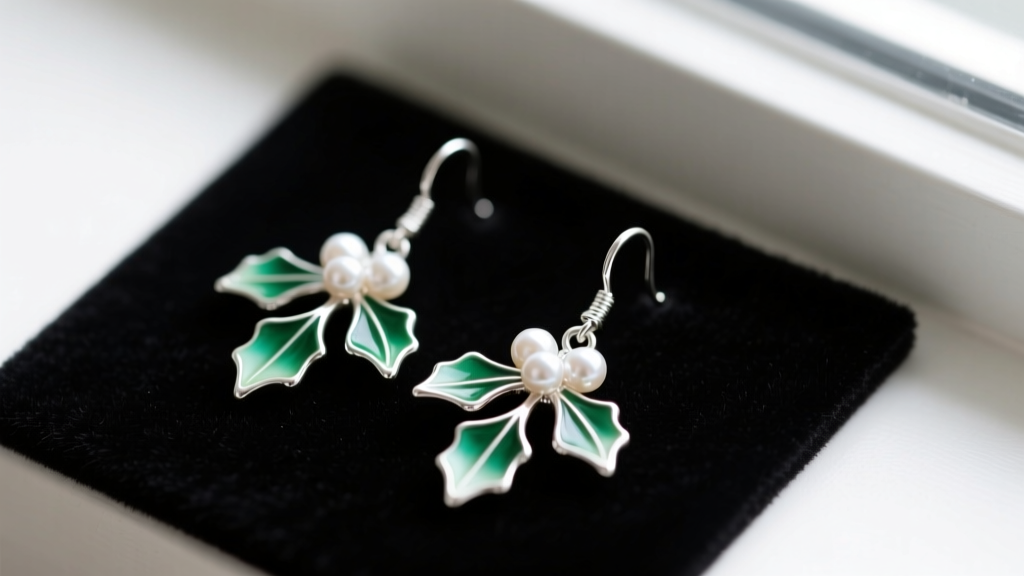 Macro shot of sterling silver mistletoe drop earrings with pearl berries and green enamel leaves on a dark velvet repair mat.
