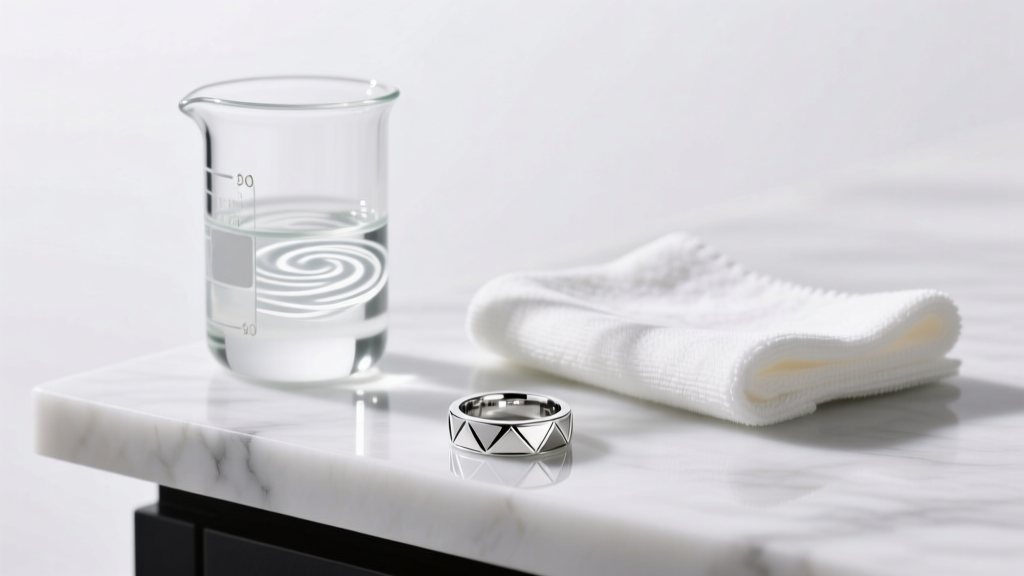 Beaker with mild soap solution, microfiber cloth, and delicate rhodium-plated fashion ring resting on the white marble countertop.