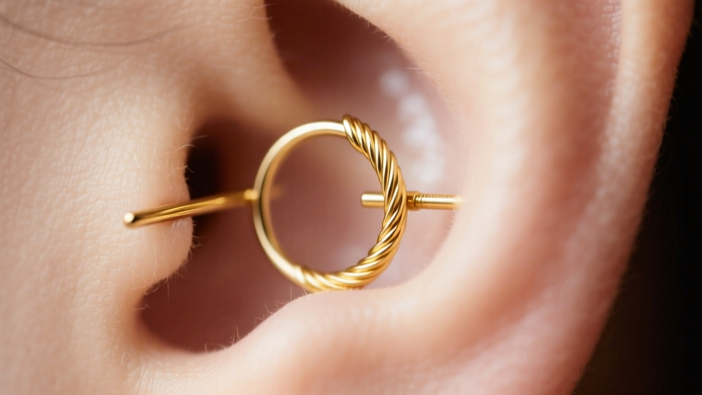Macro photo of a 24-gauge 18k gold threadless earring in a healed helix piercing, soft lighting highlighting the ultra-thin wire.
