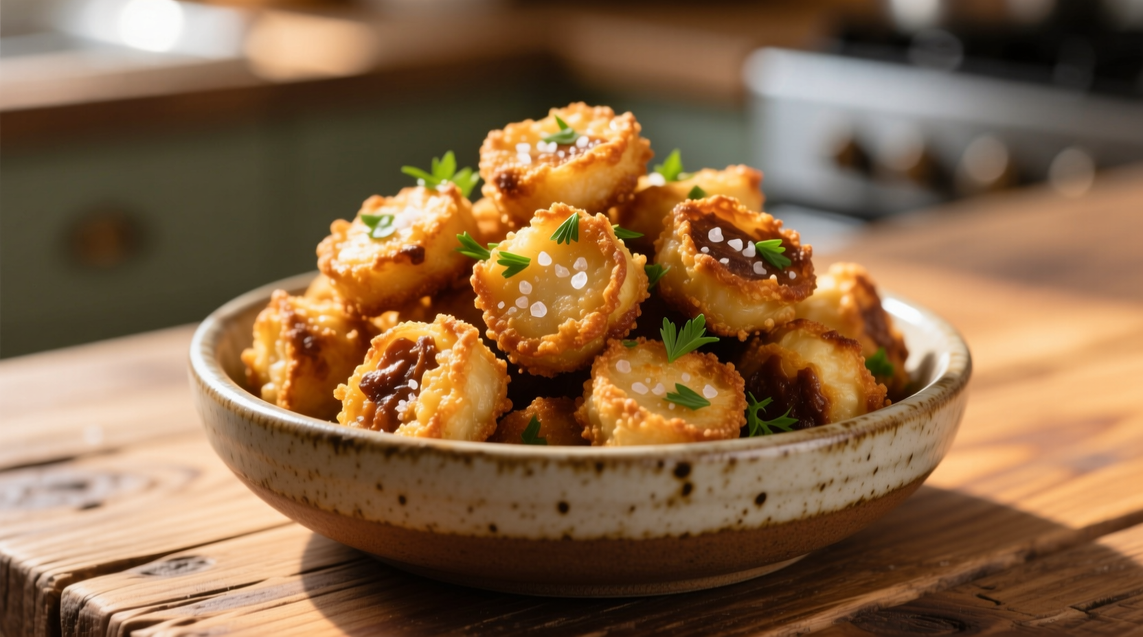 Golden brown garlic bites served in a rustic ceramic bowl