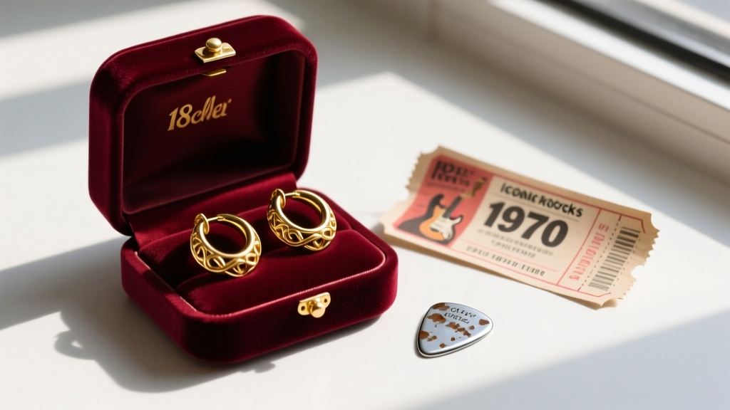 Flat lay of a velvet jewelry box holding thick 18k gold huggie earrings next to vintage concert tickets and a silver guitar pick