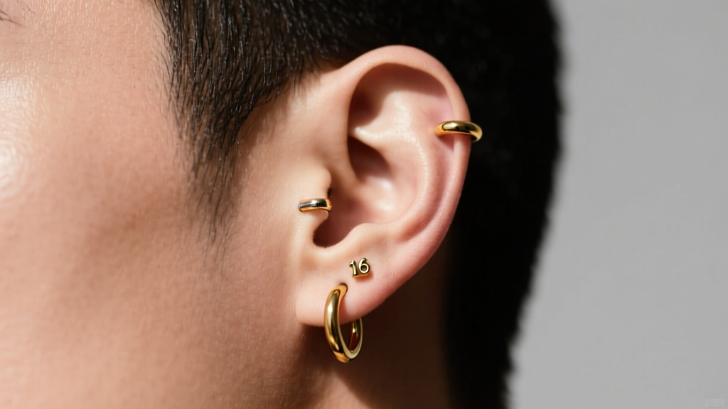 Side profile showcasing a 16-gauge gold huggie hoop on the upper lobe and a 14-gauge clicker ring on the helix cartilage.