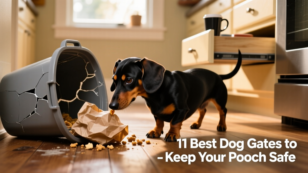 Black-and-tan Dachshund curiously sniffing near an overturned kitchen bin—highlighting why containment is necessary