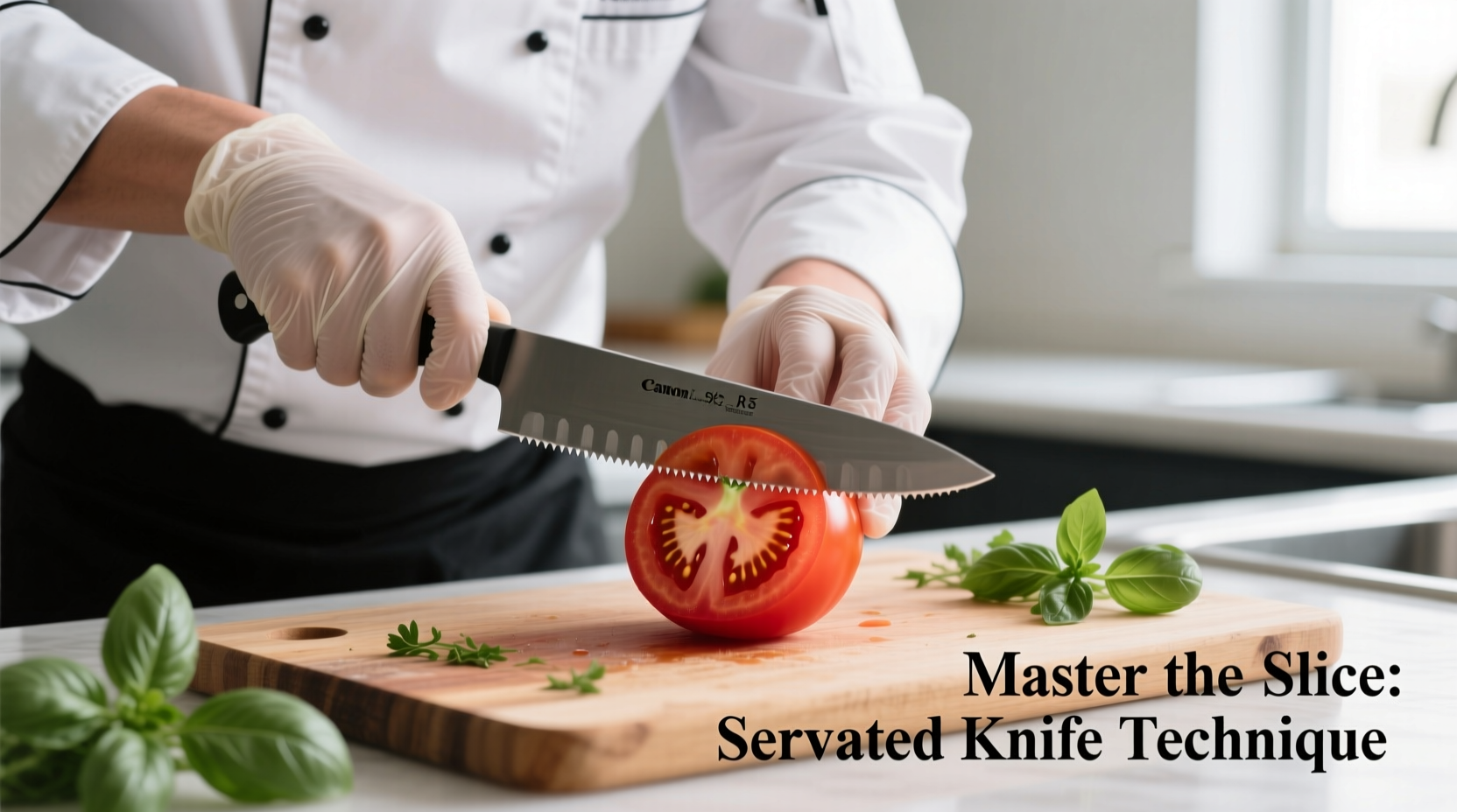 Chef demonstrating proper tomato cutting technique with serrated knife