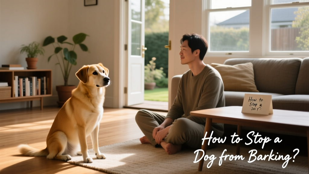 A calm dog sitting quietly beside its owner on a sunlit living room floor