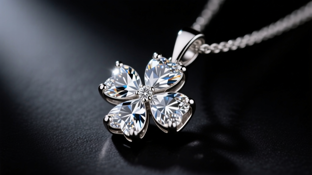 Macro shot of a four-leaf diamond clover pendant showing prong settings holding tiny melee diamonds on a dark background.