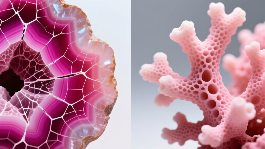 Microscope view of dyed howlite versus genuine pink coral, showing webbed dye in fractures compared to natural organic pores.