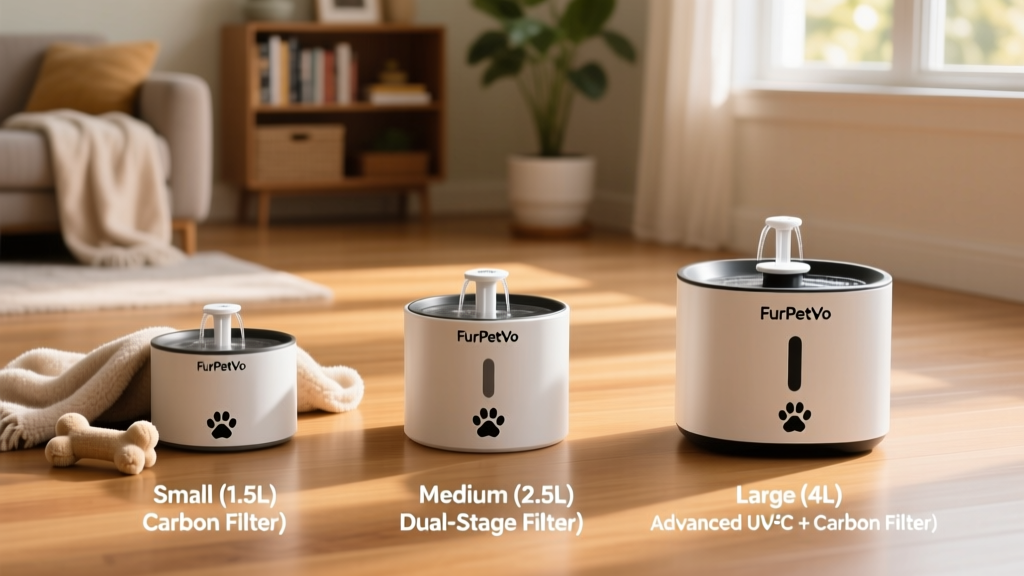 Side-by-side comparison of three FurPetVo fountain models on a hardwood floor, with labels highlighting their size differences and filter types