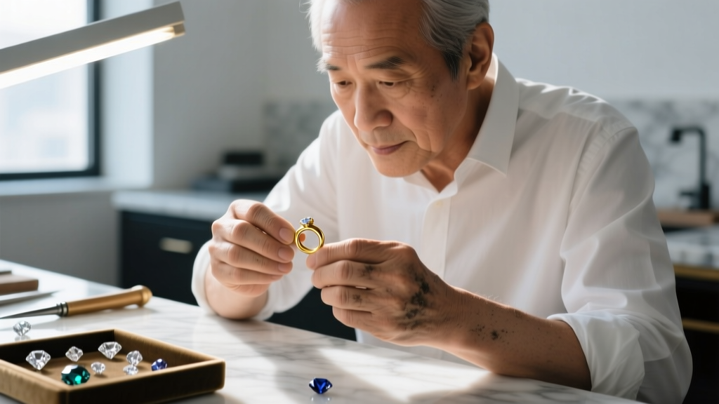 Close-up of a jeweler's loupe examining a tiny 14k hallmark stamp on a delicate gold rope chain link against a dark velvet pad