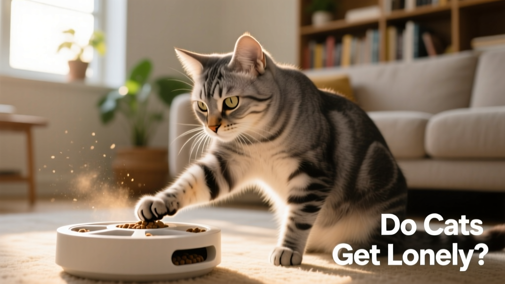 A cat engaged with an interactive puzzle feeder, pawing thoughtfully at the toy
