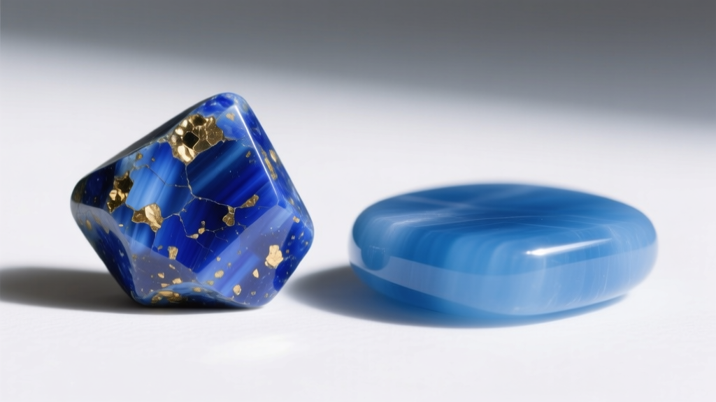 Macro comparison showing genuine lapis lazuli with gold pyrite flecks next to a smooth, uniformly dyed howlite imitation stone.