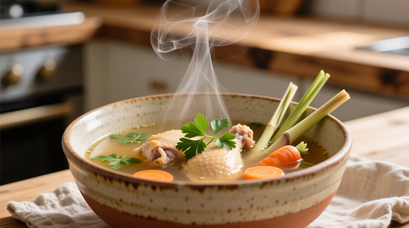 Warm chicken broth in ceramic bowl with herbs