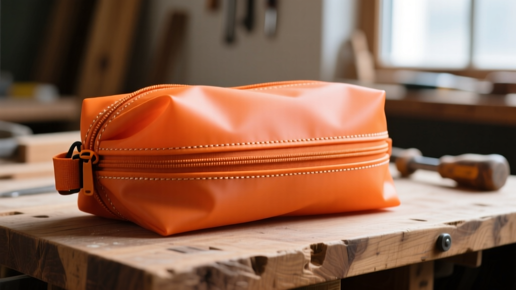 Close-up of heat-sealed TPU waterproof bag fabric in orange, showing welded seams and a roll-top closure resting on a wooden workbench.