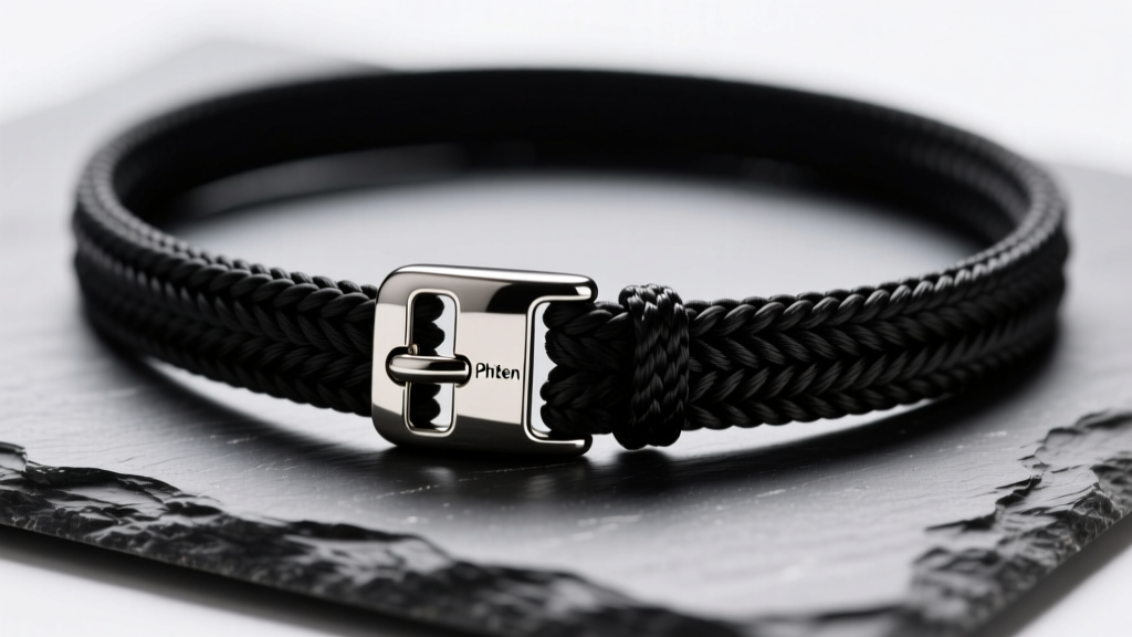 Macro shot of black nylon Phiten necklace on slate, highlighting the metal clasp and woven cord under soft studio lighting.