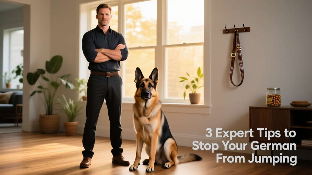 Owner standing still with arms crossed while German Shepherd stands nearby, not jumping