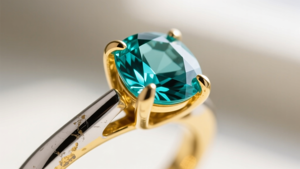 Macro view of a white gold prong holding an aquamarine gem, showing contrast between worn rhodium and yellowish gold alloy beneath