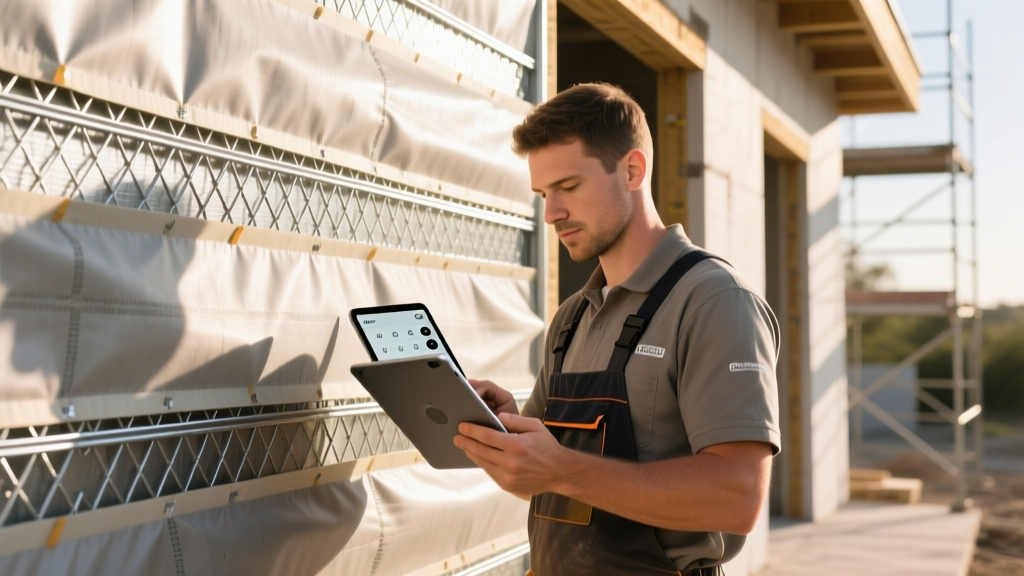 Mason using a tablet veneer stone calculator beside an exterior wall covered in weather barrier and galvanized lath