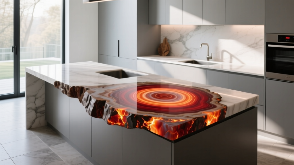 Polished petrified wood slab countertop showcasing vibrant red and orange quartz rings on a luxury kitchen island base