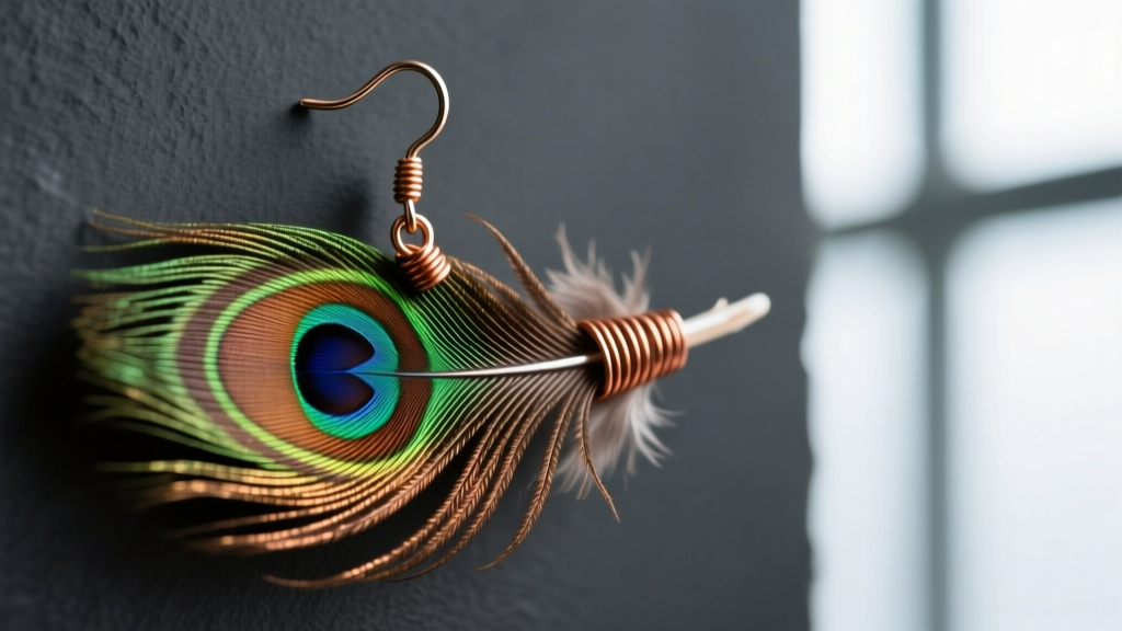 Macro shot of a boho feather earring with a pheasant feather secured to an 18-gauge titanium hook via copper wrap on dark slate.