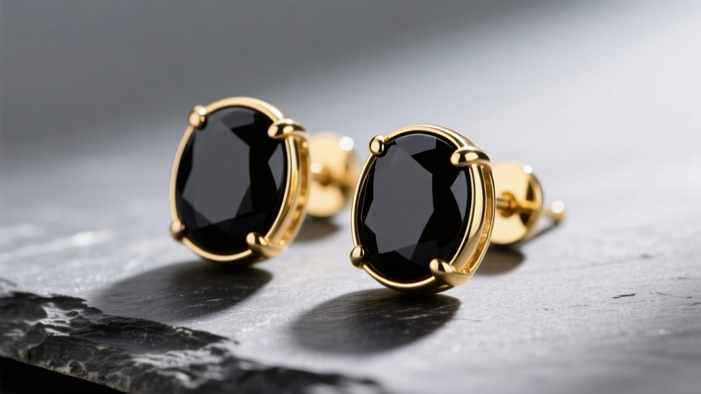 Close-up of 14k gold and black onyx stud earrings on slate, showing polished gold bezels and smooth dark cabochon stone surfaces.