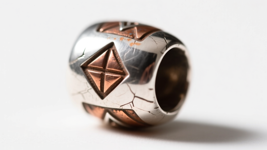 Macro photography of a hand-stamped Navajo coin silver bead showing oxidation in the recessed stamping and warm copper undertones