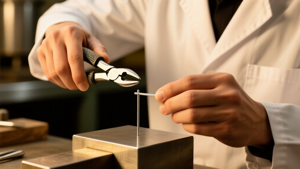 Jeweler using nylon jaw pliers to straighten a bent 22-gauge sterling silver headpin on a steel bench block under warm lighting