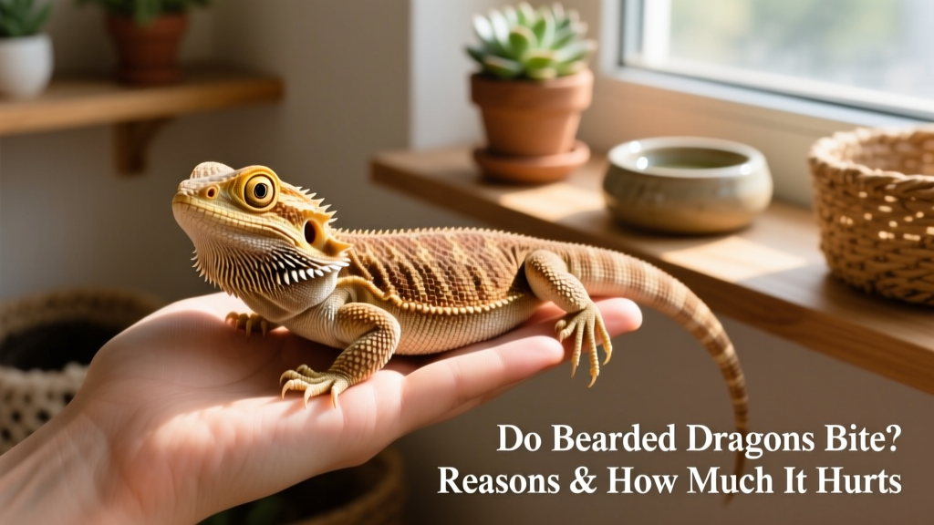 A calm, relaxed bearded dragon resting on a hand with open eyes and flattened beard