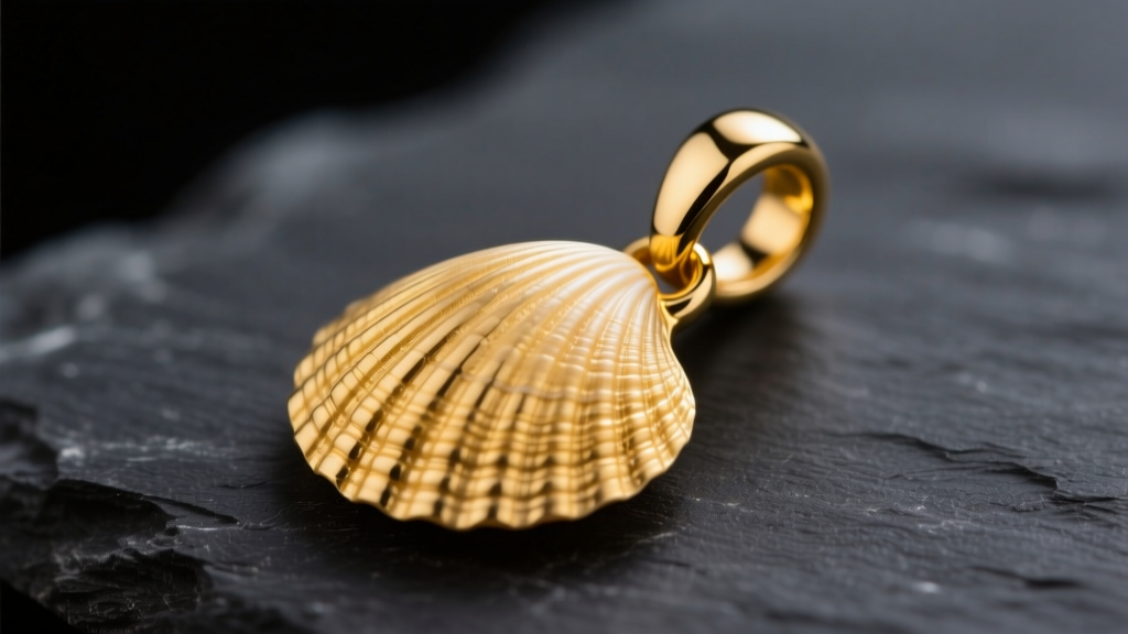 Macro shot of a 14k yellow gold seashell pendant on dark slate, highlighting intricate ridges and a polished soldered bail