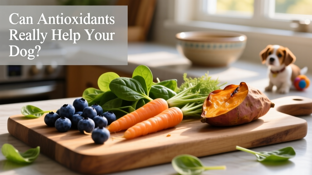 Close-up of colorful whole foods like blueberries, carrots, spinach, and sweet potato—common natural sources of antioxidants for dogs