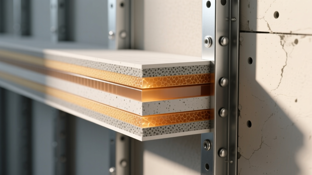 Cross-section of acoustic drywall showing viscoelastic polymer core between dense gypsum matrices installed on metal wall studs