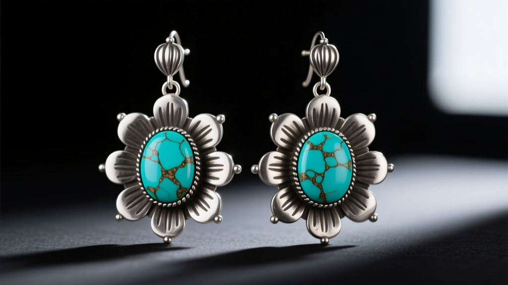Close-up of Navajo squash blossom earrings displaying oxidized coin silver and Kingman turquoise cabochons on dark velvet background