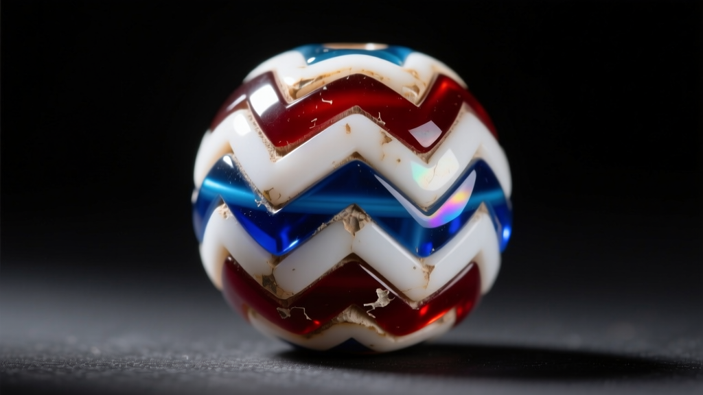 Macro photography of a Venetian chevron trade bead with seven layers of red, white, and blue glass, showing natural edge wear