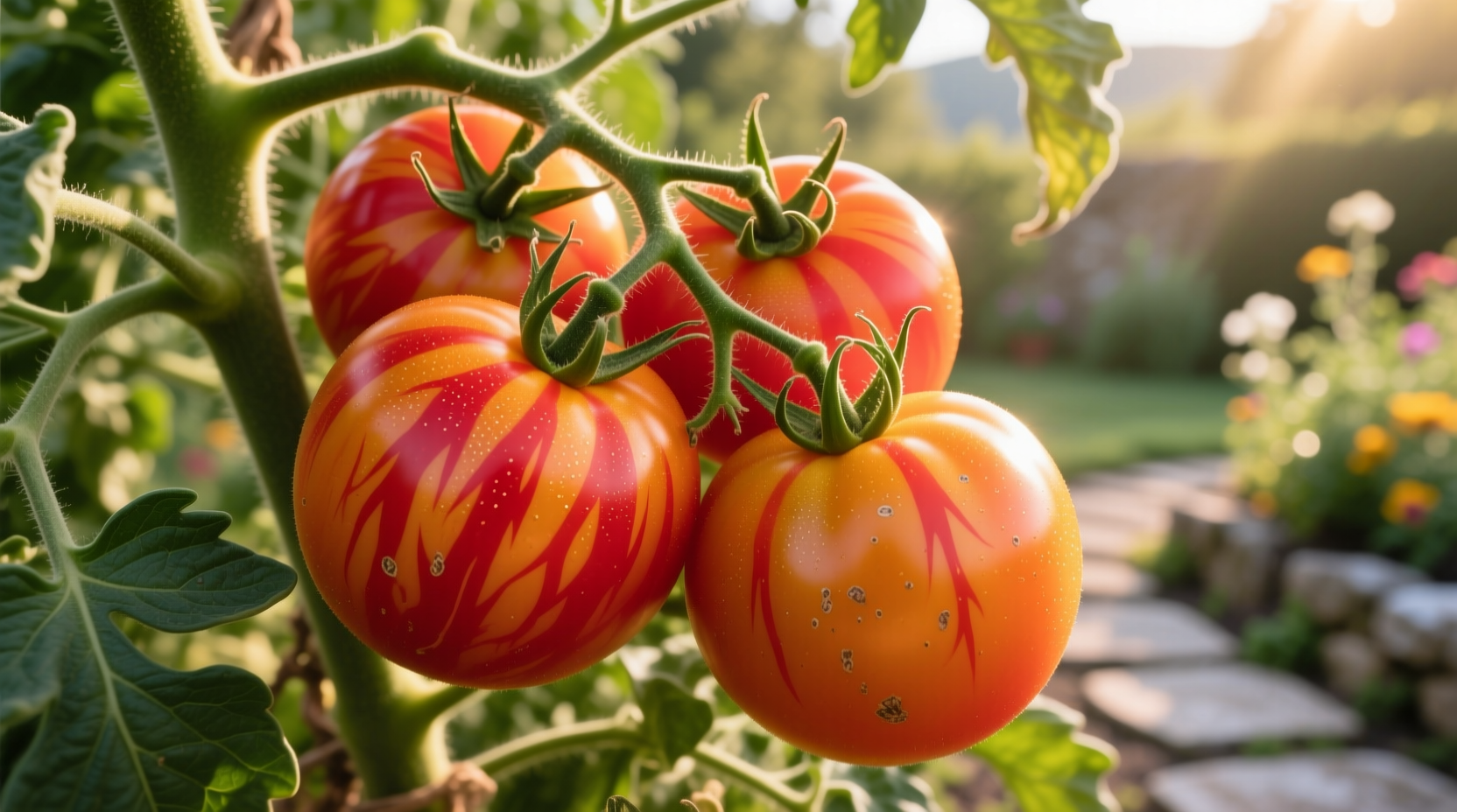 Ripe Jaune Flamme tomatoes on vine with distinctive red streaking