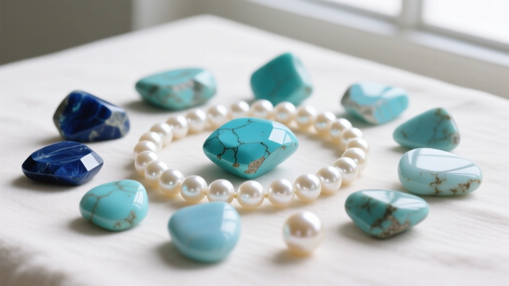 Flat lay of raw and polished turquoise and freshwater pearl components used in artisan jewelry making, lit by soft natural light.