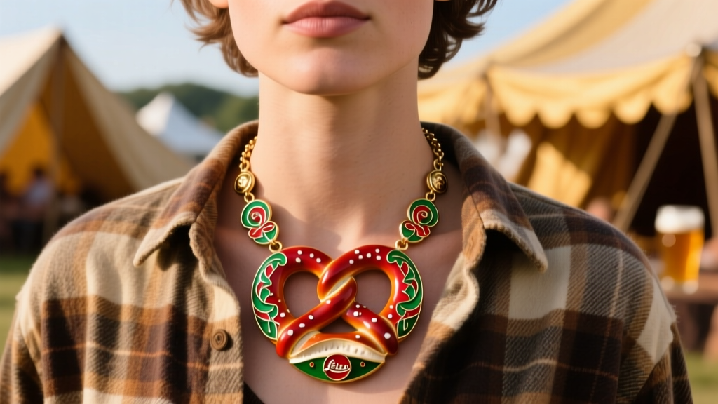 Person wearing an enamel beer festival pretzel necklace over a flannel shirt, with blurred outdoor beer tents in the background