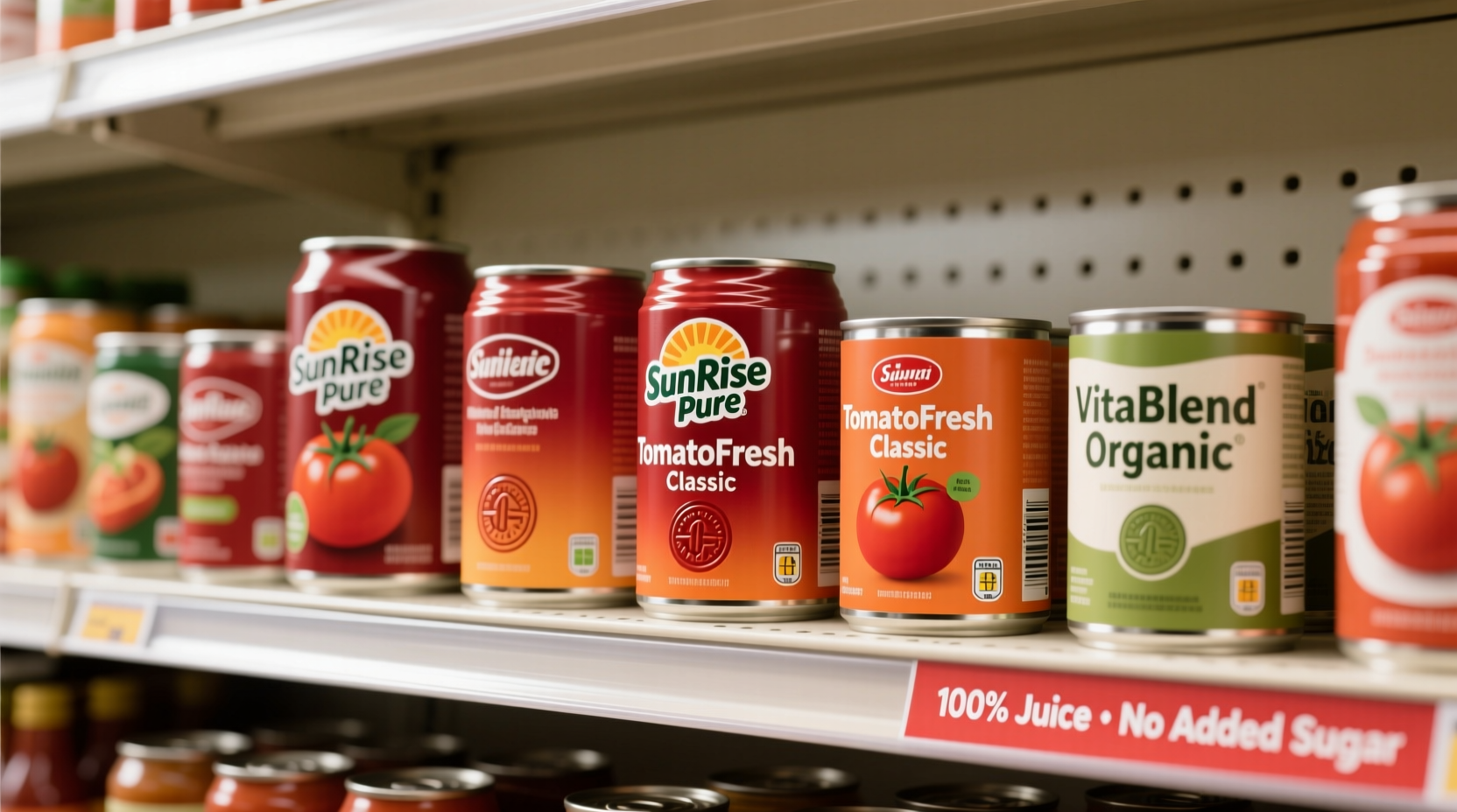 Canned tomato juice varieties on grocery shelf
