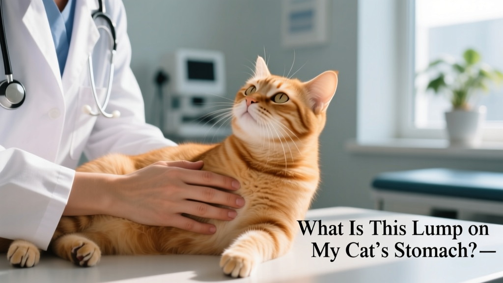 Close-up of a veterinarian gently palpating a cat's abdomen during a routine exam