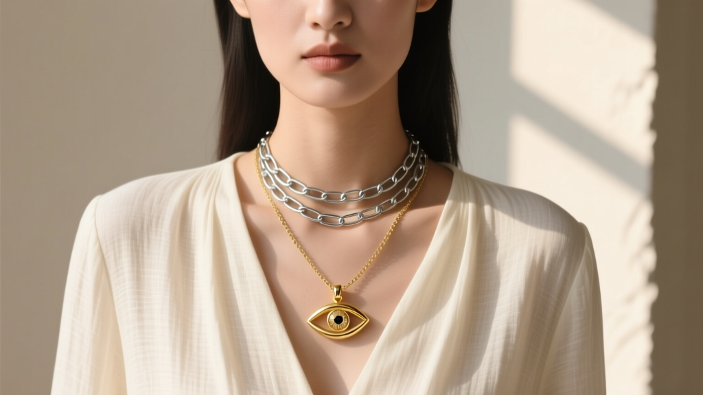 Model wearing a layered necklace stack featuring a paperclip chain and an 18-inch gold eye pendant against a cream linen blouse
