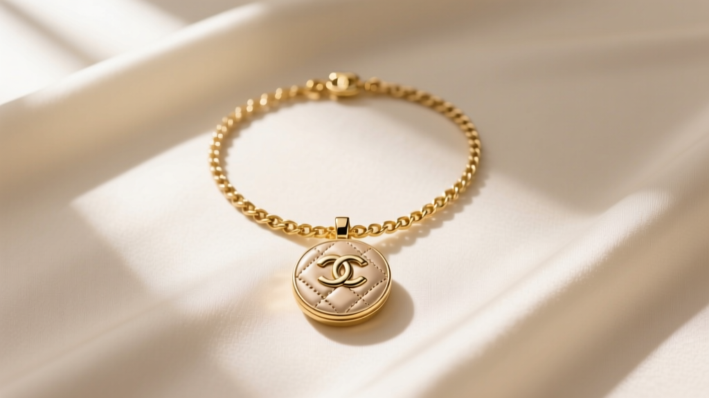Flat lay of an 18k beige gold Chanel Coco Crush quilted pendant necklace on cream silk fabric with soft natural window lighting
