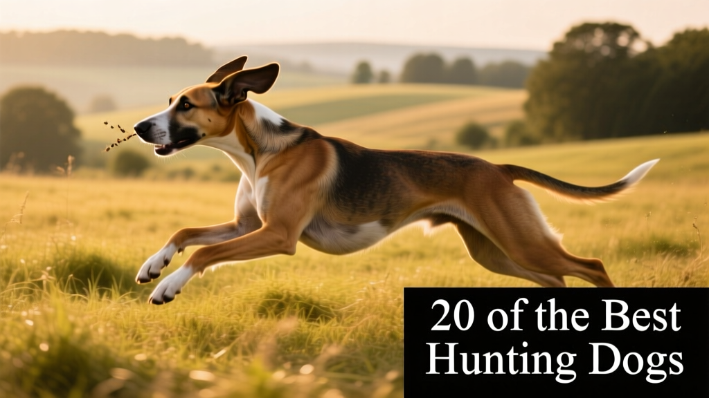 An American Foxhound mid-stride in open field, head high and nose working, ears flowing in motion