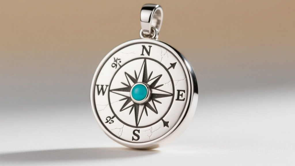 Macro shot of a 925 sterling silver compass pendant showing engraved cardinal directions and a small turquoise inlay detail.